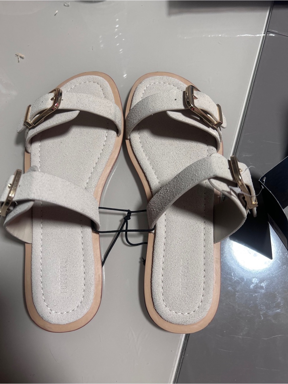 Forever 21 Cream Suede Double Buckle Slide Sandals